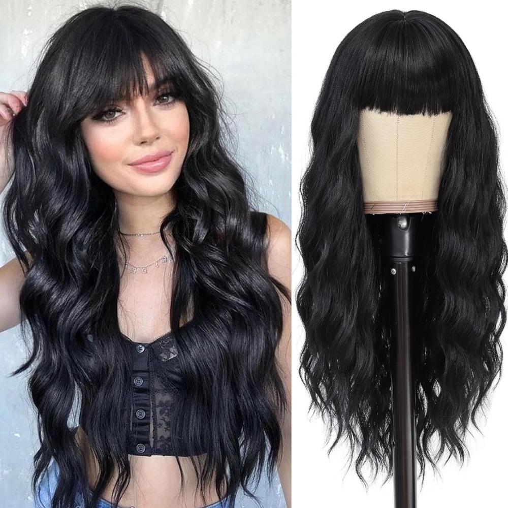 24” Daily Use Black Long Wavy Heat Resistant Synthetic Fiber Full Wig With Bangs